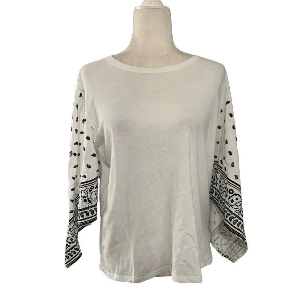 zara womens black white bandana print long sleeve top t shirt medium